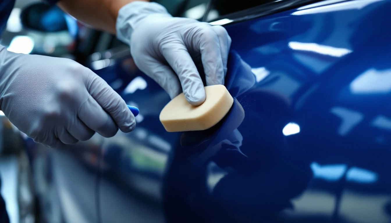 Detailer in nitrile gloves working a coating applicator pad across a glossy dark blue car panel under shop lights