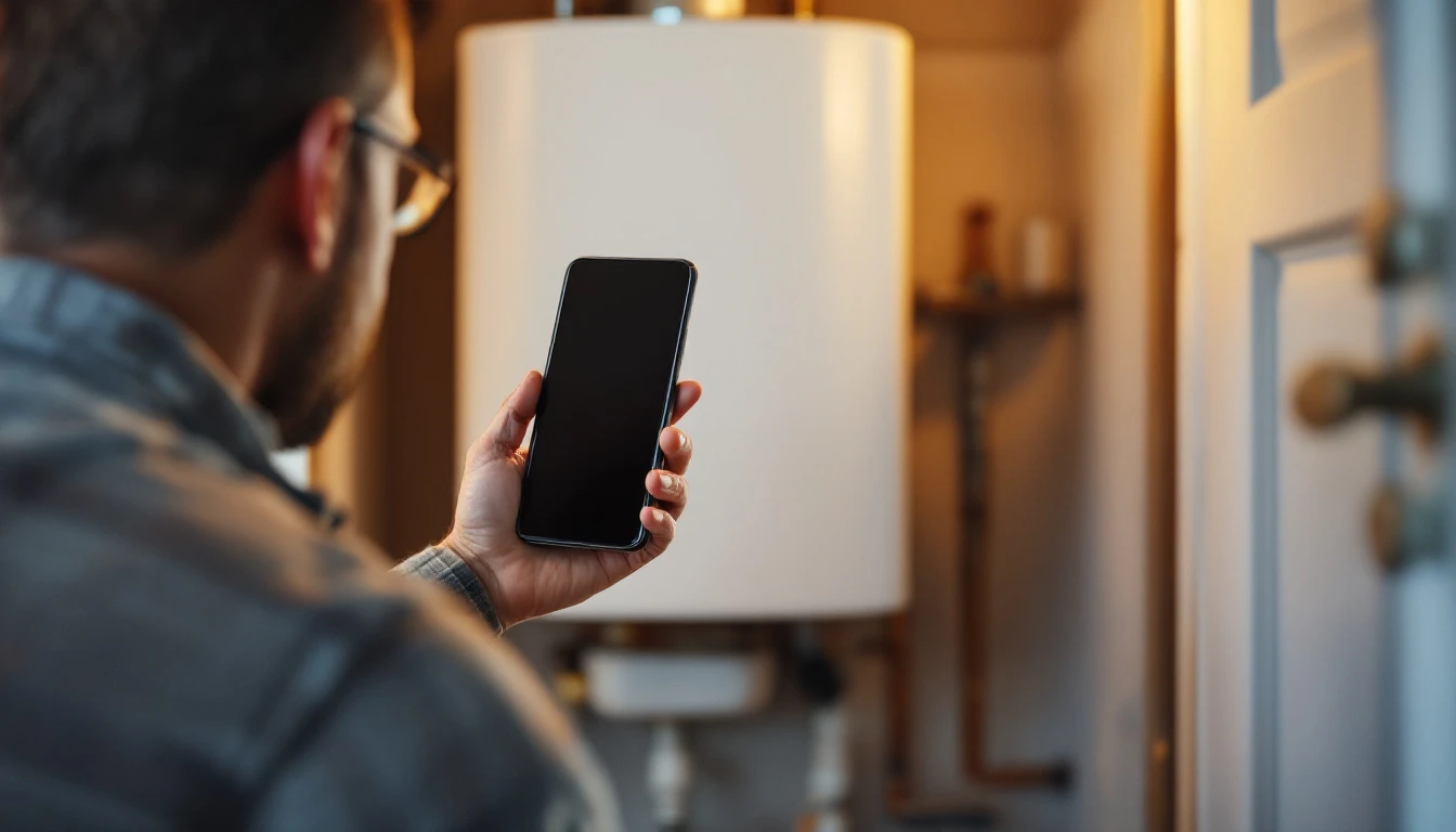 Homeowner holding a phone up toward a white water heater in a utility closet to photograph it before booking a service visit