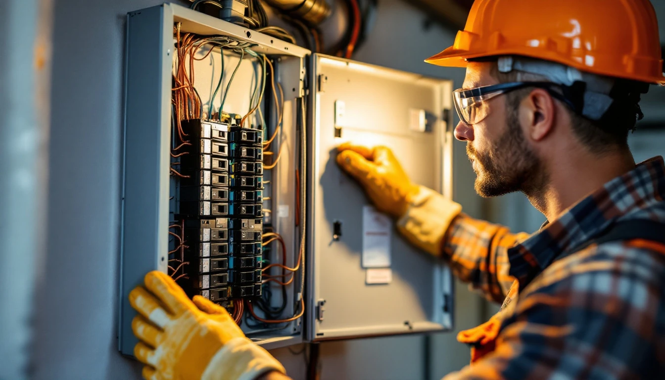 Electrician in a hard hat, safety glasses and insulated gloves working on an open residential breaker panel