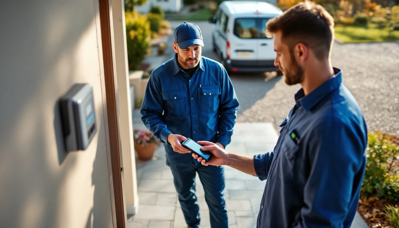 Field technician taking a card payment from a homeowner at a front door with a service van on the driveway