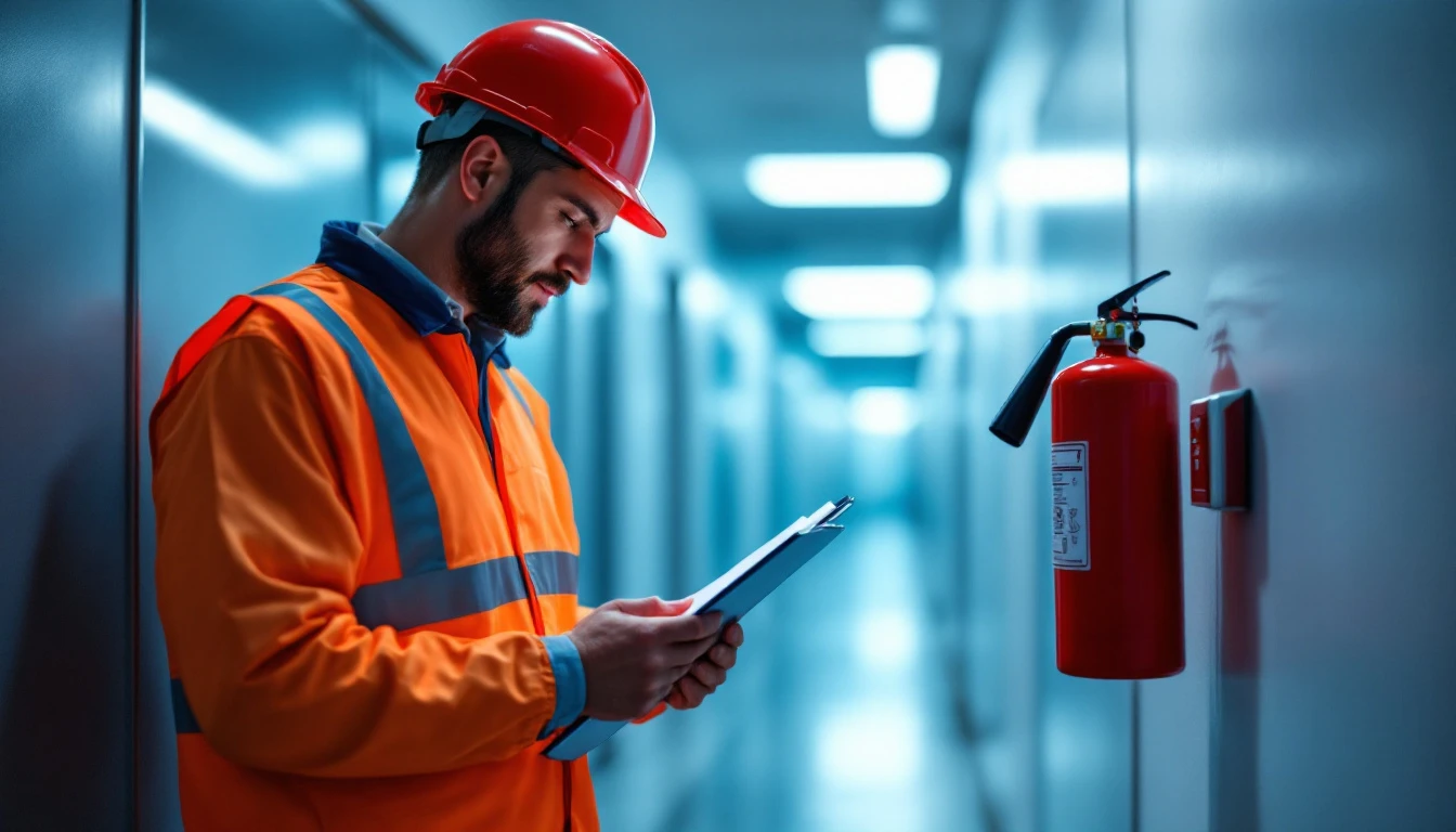 Fire protection technician checking the tag on a wall-mounted extinguisher in a commercial building corridor