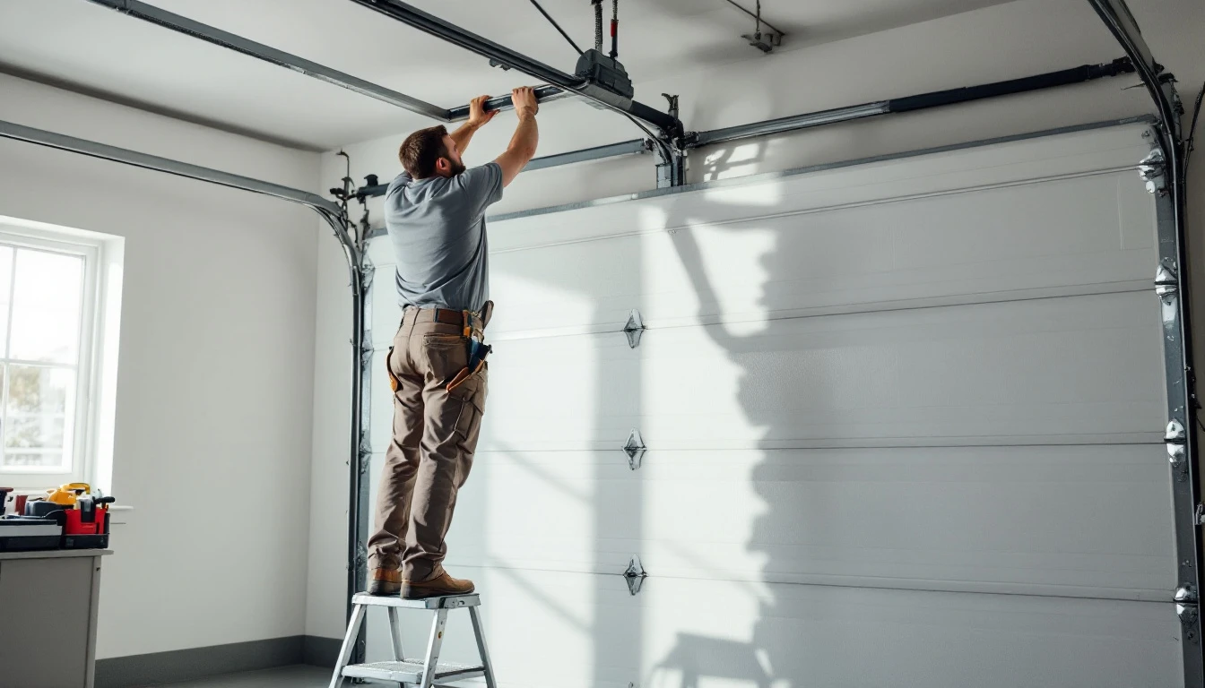 Garage door technician on a step ladder working at the torsion bar above a residential garage door on a bright morning