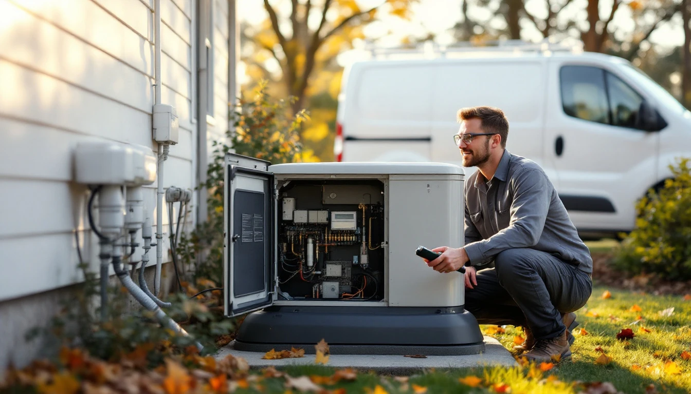 Technician servicing a standby home generator on a concrete pad beside a house with the enclosure panel open