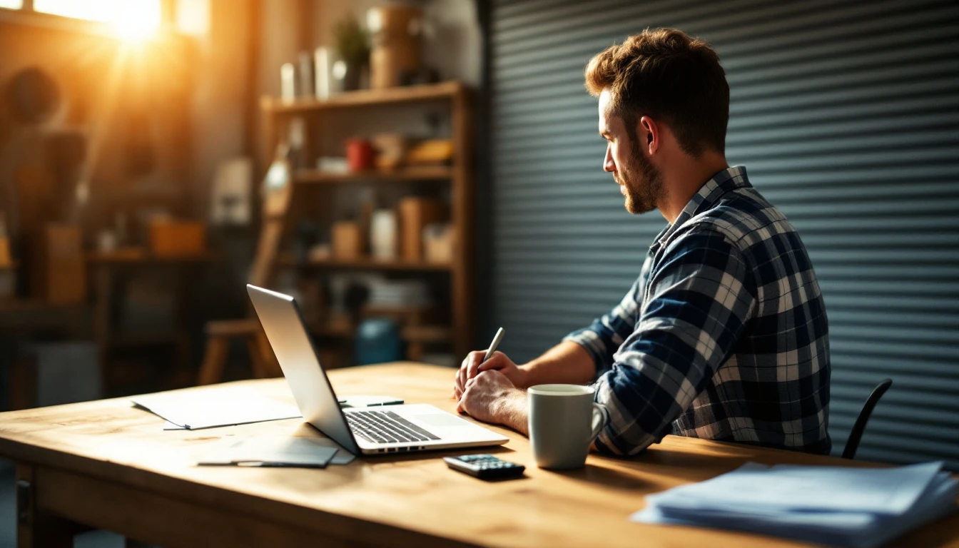 Service business owner comparing software plan costs on a laptop at a workshop desk