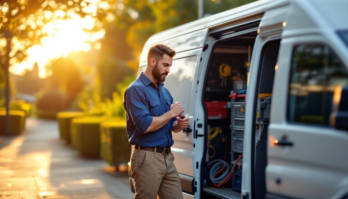 Field service technician checking his watch beside an open work van on a suburban street at golden hour