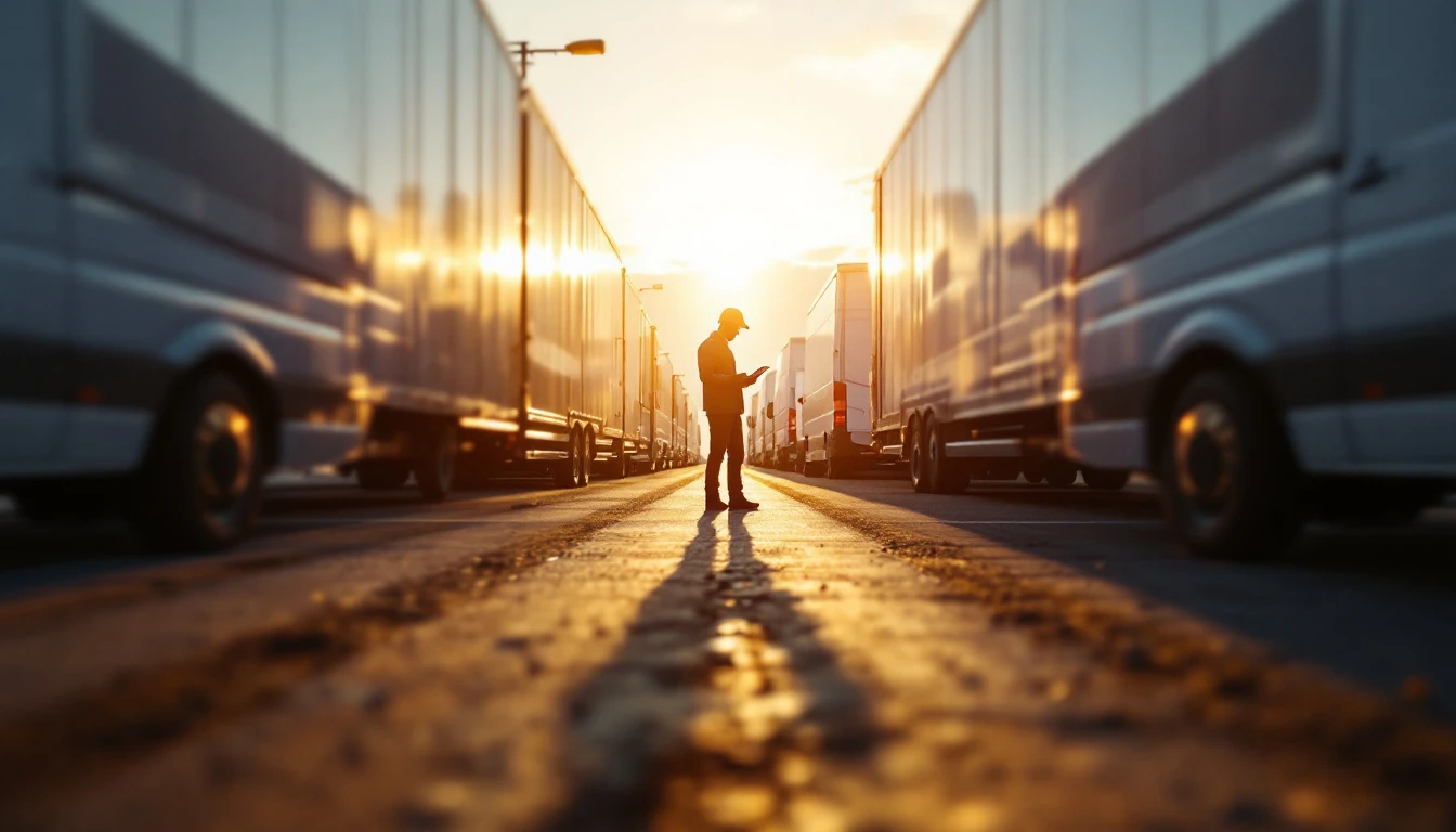 Technician checking a tablet at sunrise while standing between two rows of parked white service vans in a contractor yard