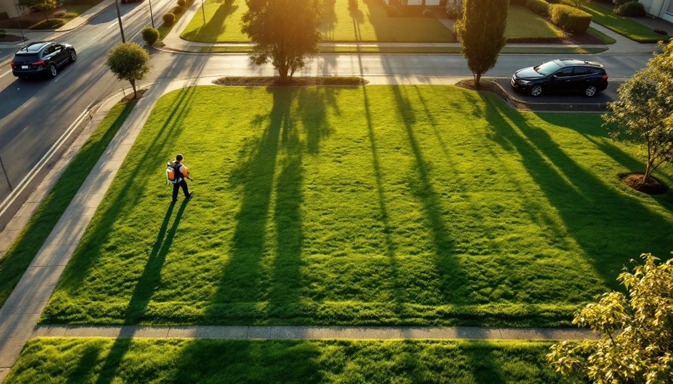 Aerial view of a technician with a backpack sprayer walking across a suburban lawn in long morning shadows