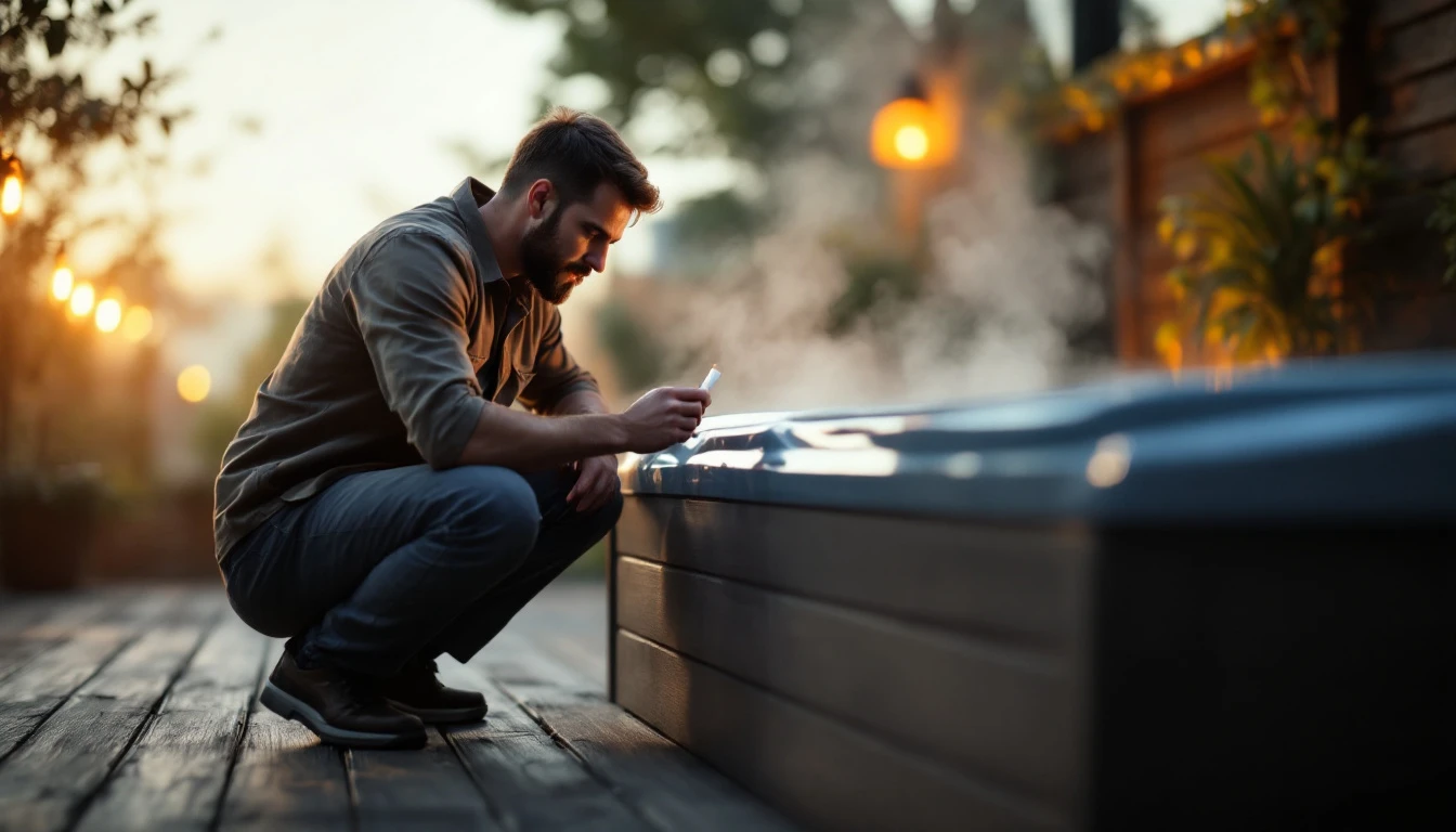 Service technician testing water chemistry on a backyard hot tub with the cover propped open