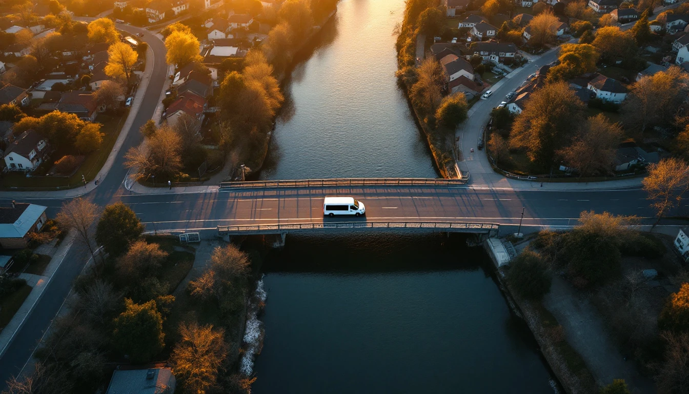 Aerial view at golden hour of a river bridge linking two residential neighborhoods with a single white service van crossing