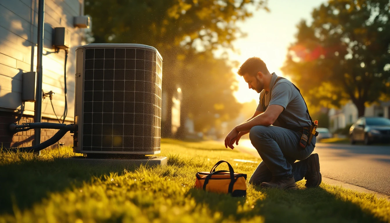 HVAC dispatcher at a desk sorting a long list of no-cooling service calls into priority tiers while a technician loads a van in the summer heat