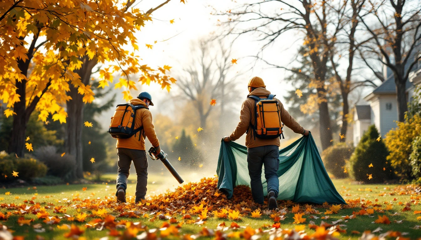 Two-person landscaping crew clearing orange and yellow leaves from a suburban lawn with a backpack blower and a large tarp on a bright autumn morning