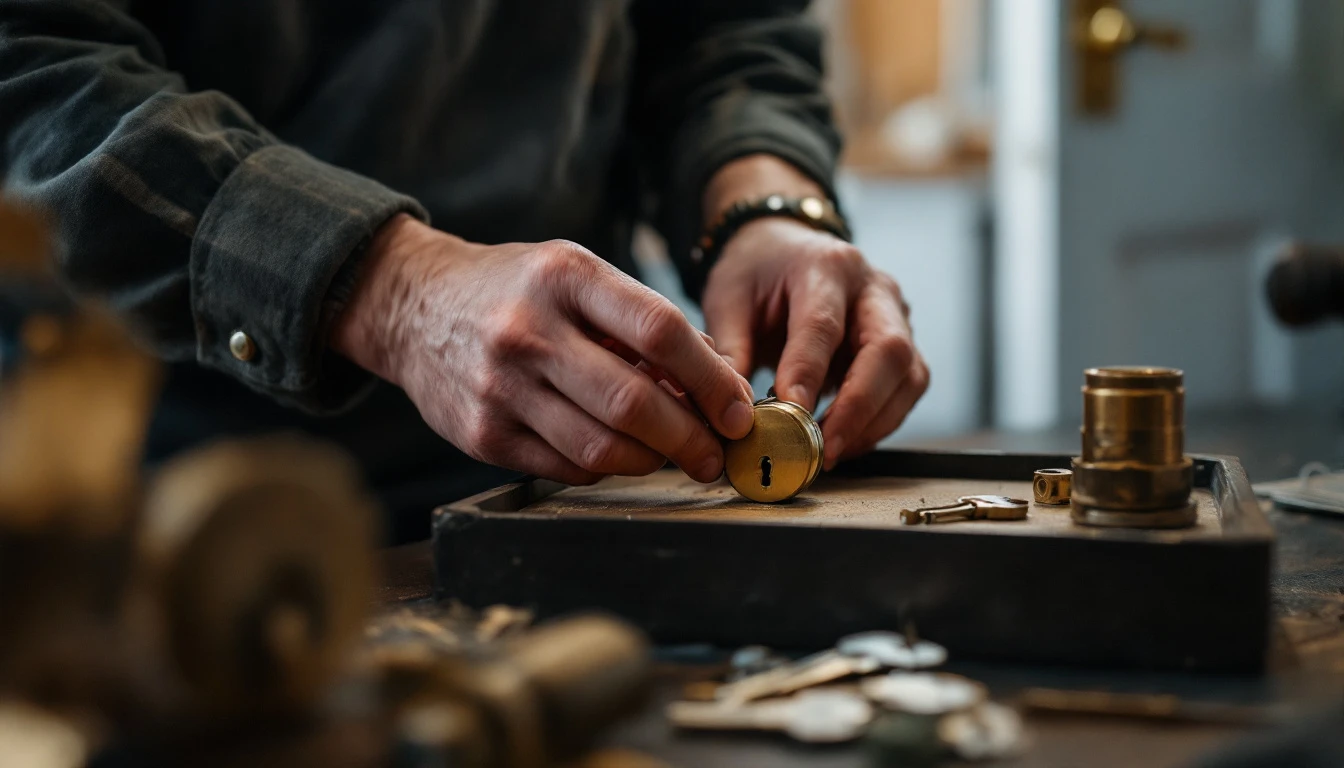 Locksmith's hands working on a brass lock cylinder over a bench tray with blank keys beside it and an open apartment door behind