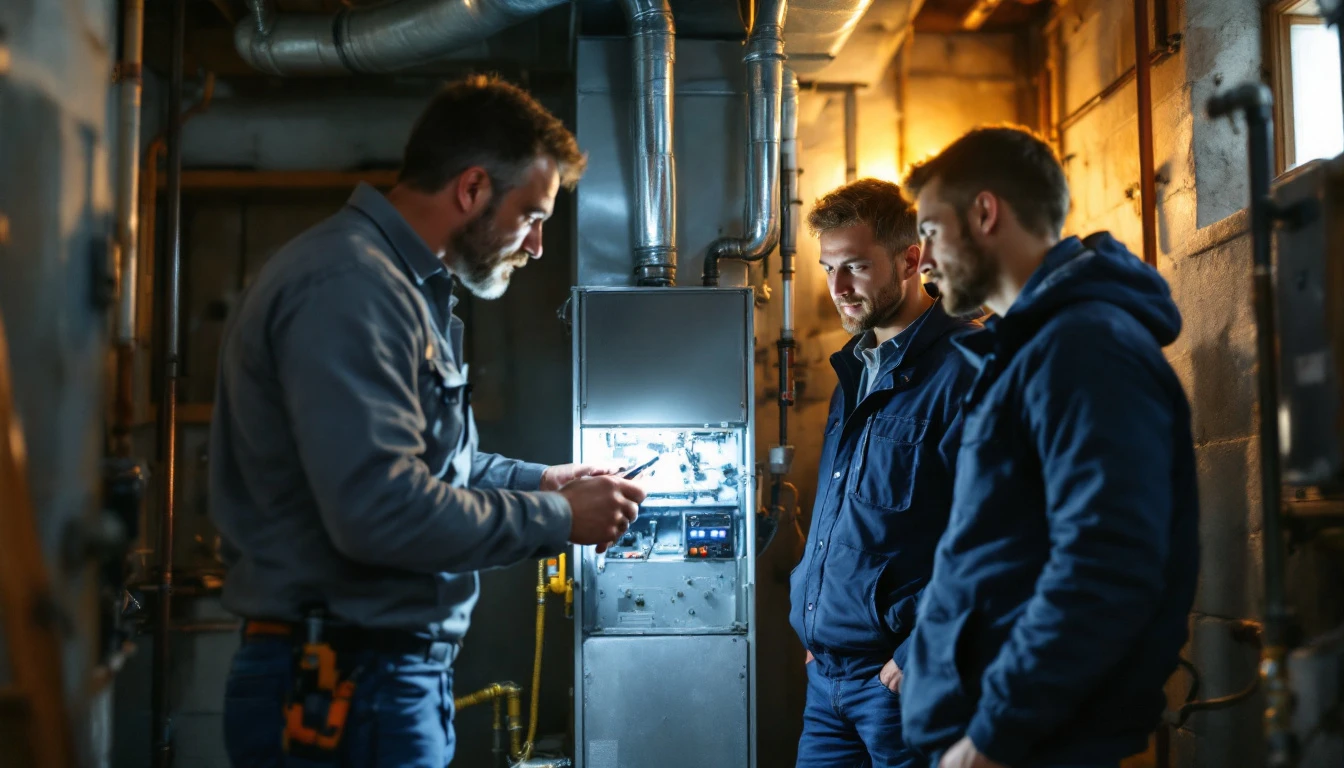 Senior technician showing a new hire how to inspect equipment at a customer's home during a ride-along