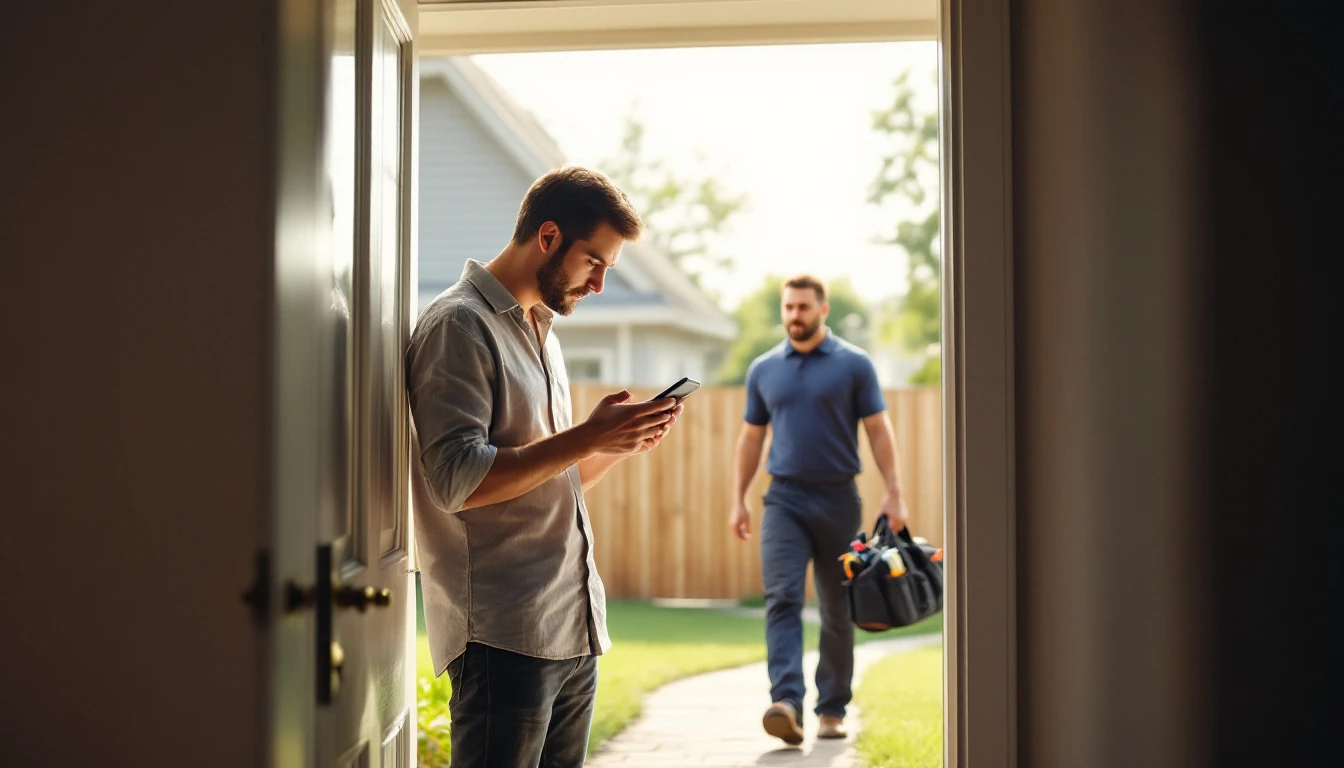 Homeowner at an open front door checking a phone while a technician in a navy polo walks up the path carrying a tool bag