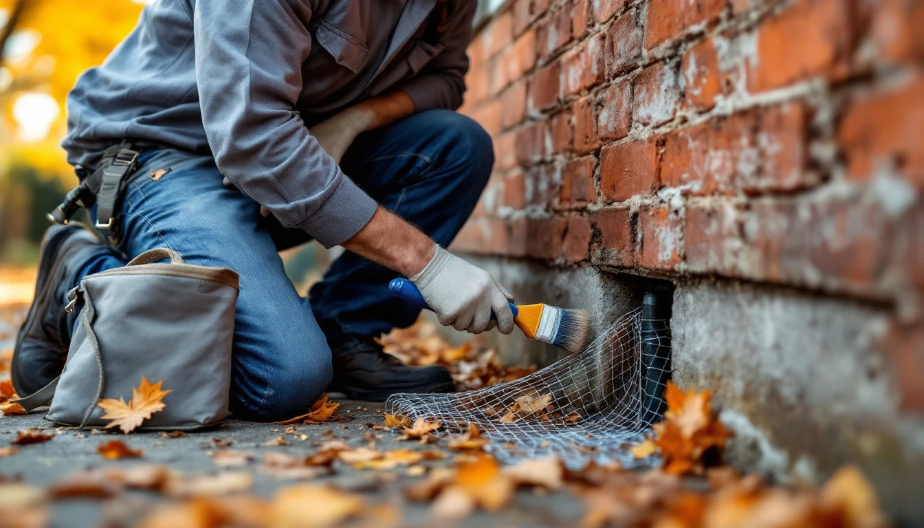 Pest control technician kneeling at a brick foundation fitting wire mesh around a pipe gap with autumn leaves on the ground