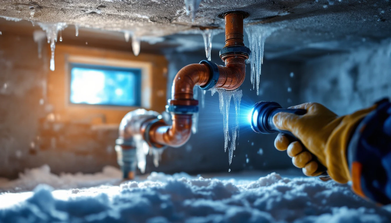 Gloved hand shining a flashlight on a copper pipe covered in icicles under a basement ceiling in winter