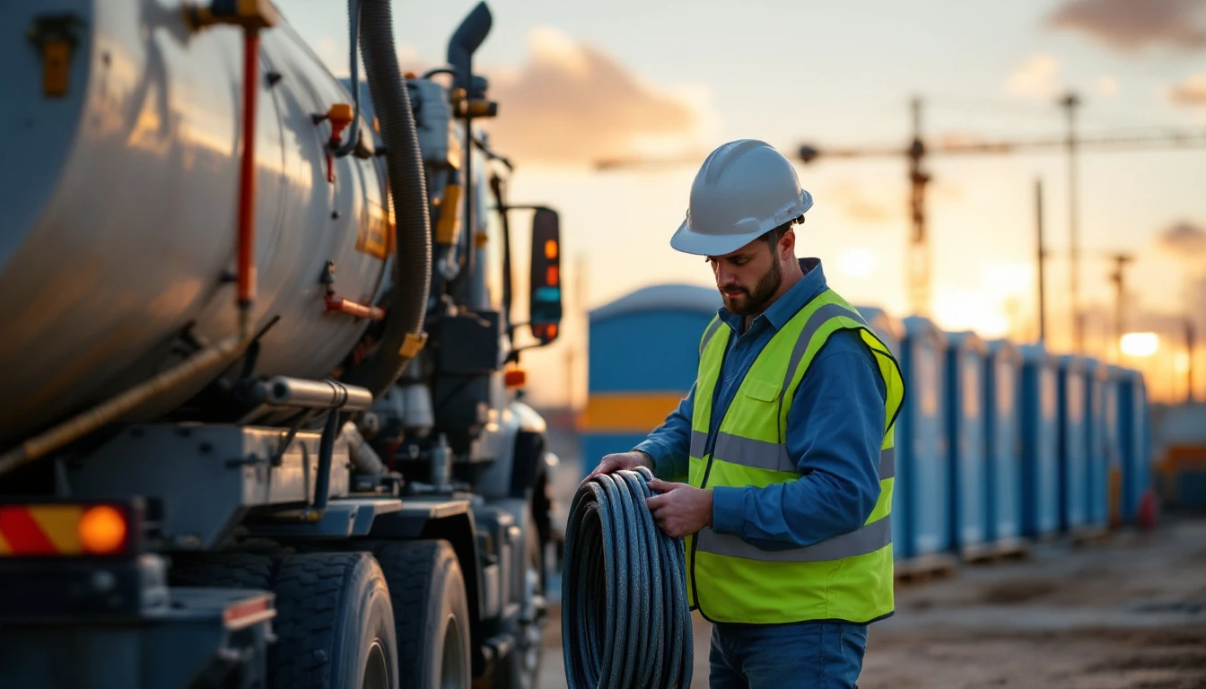 Service truck pumping a row of portable restroom units at a construction site early in the morning