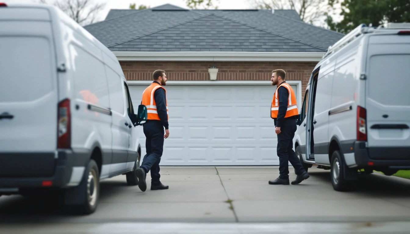 Two unmarked white service vans arriving at the same suburban driveway at the same time with both technicians stepping out and looking at each other
