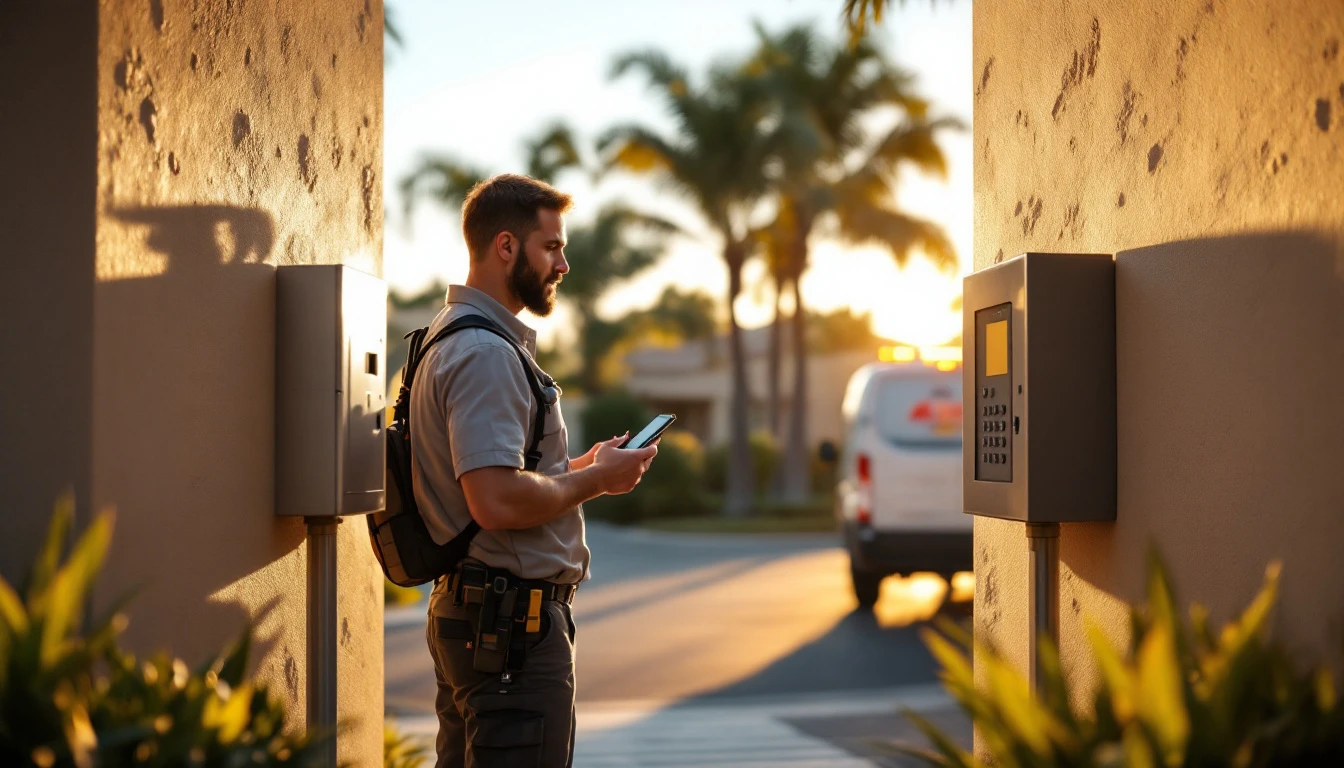 Service technician standing at a gated community call box checking access notes on a phone before entering