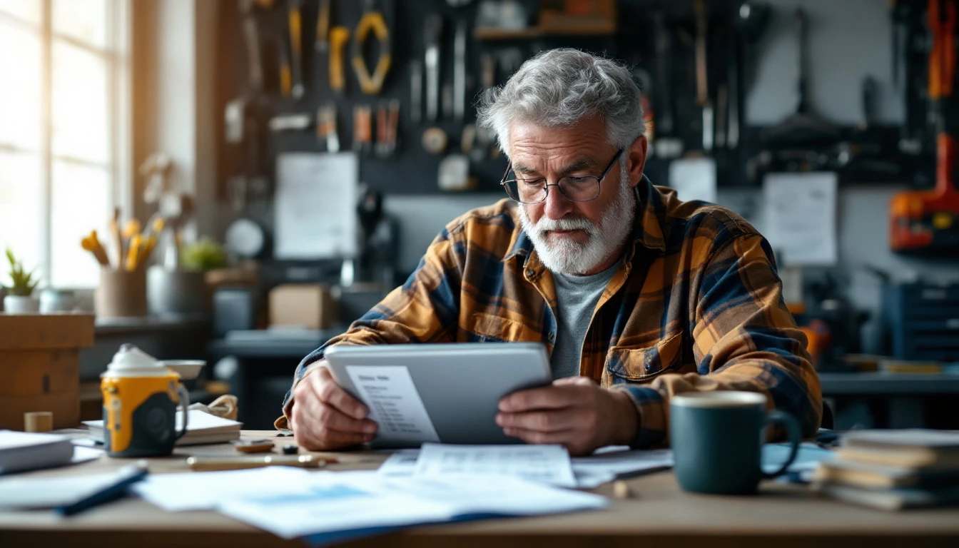 Service business owner reviewing a list of open estimates on a tablet at a workshop desk