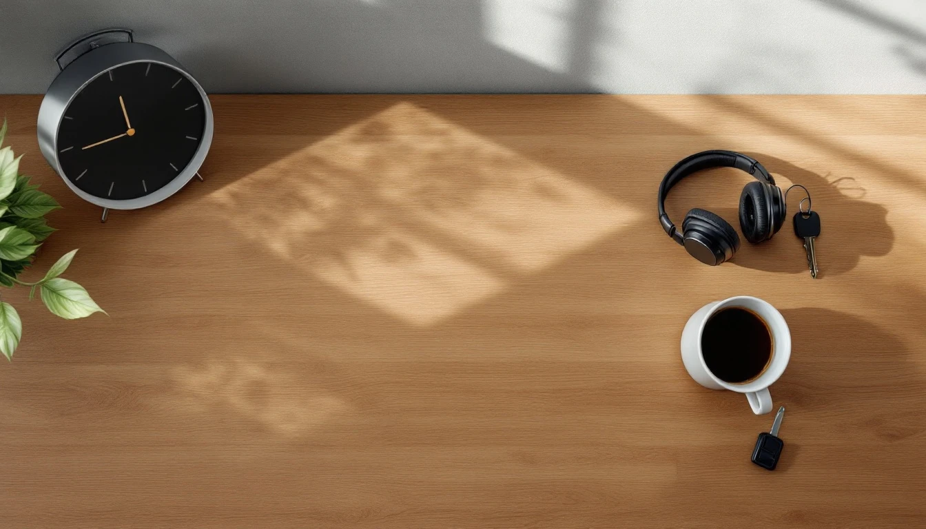 Overhead view of an office desk with a clock, a headset, a cup of coffee and a set of van keys in morning light