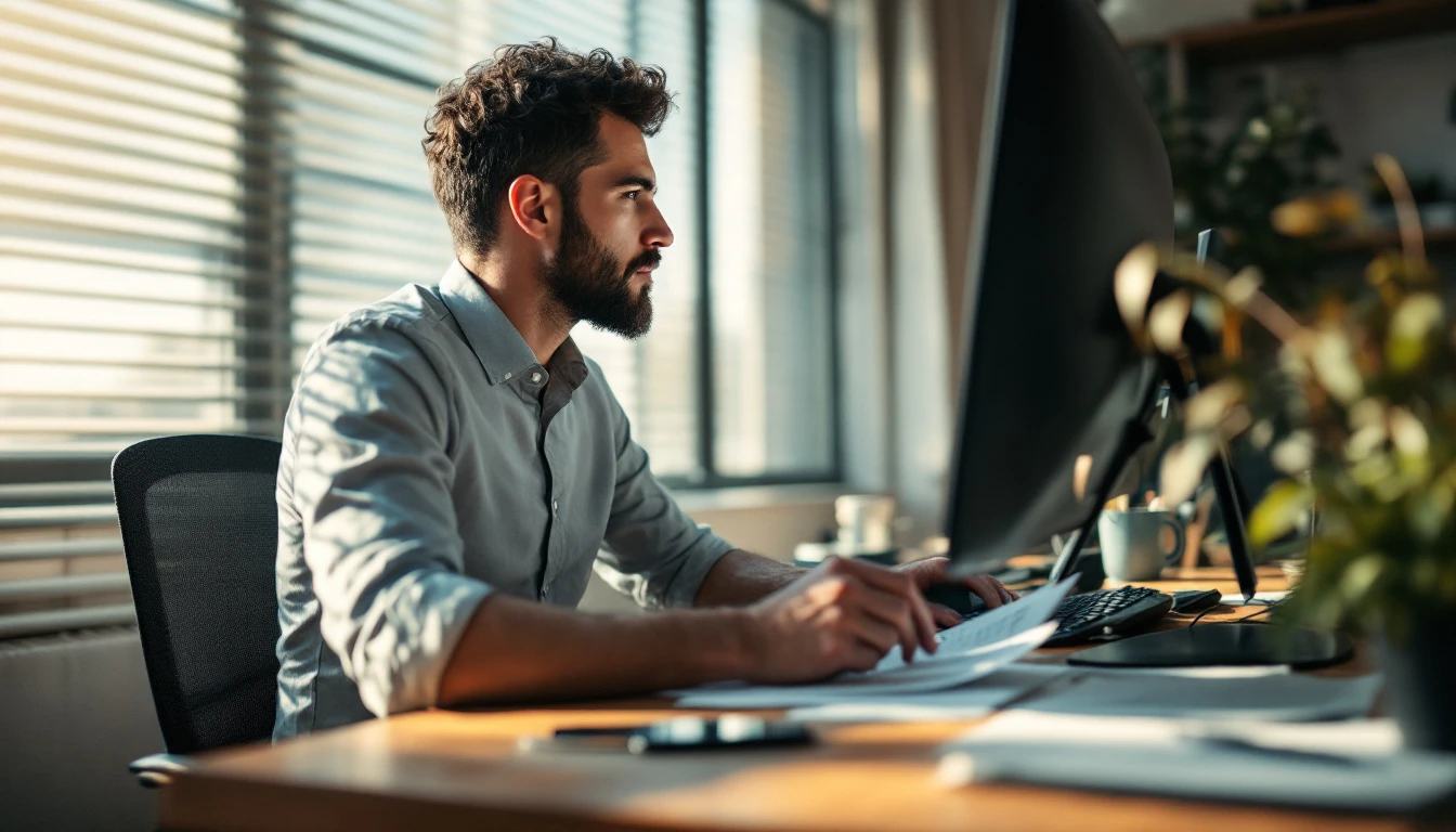 Operations manager comparing field service software options on two monitors in a small office