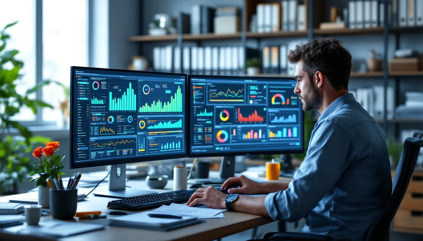Operations manager in a contractor back office comparing two software dashboards on a dual-monitor desk