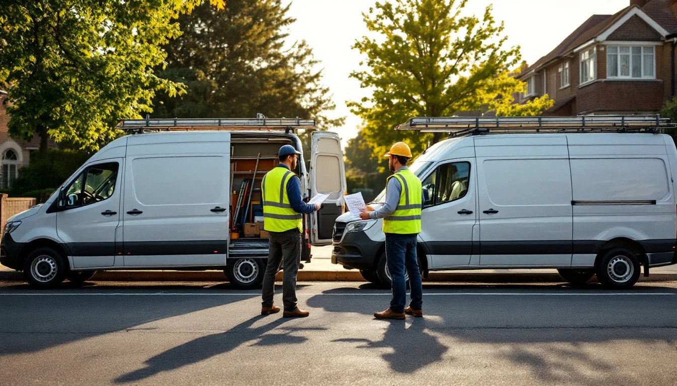 Two unmarked white work vans parked nose to tail on a suburban street with two crew members standing between them reviewing a printed job sheet