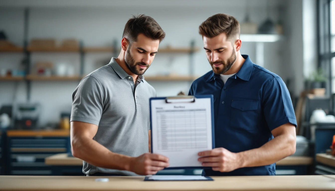 Service manager and technician reviewing a team availability calendar on a wall-mounted screen in a workshop