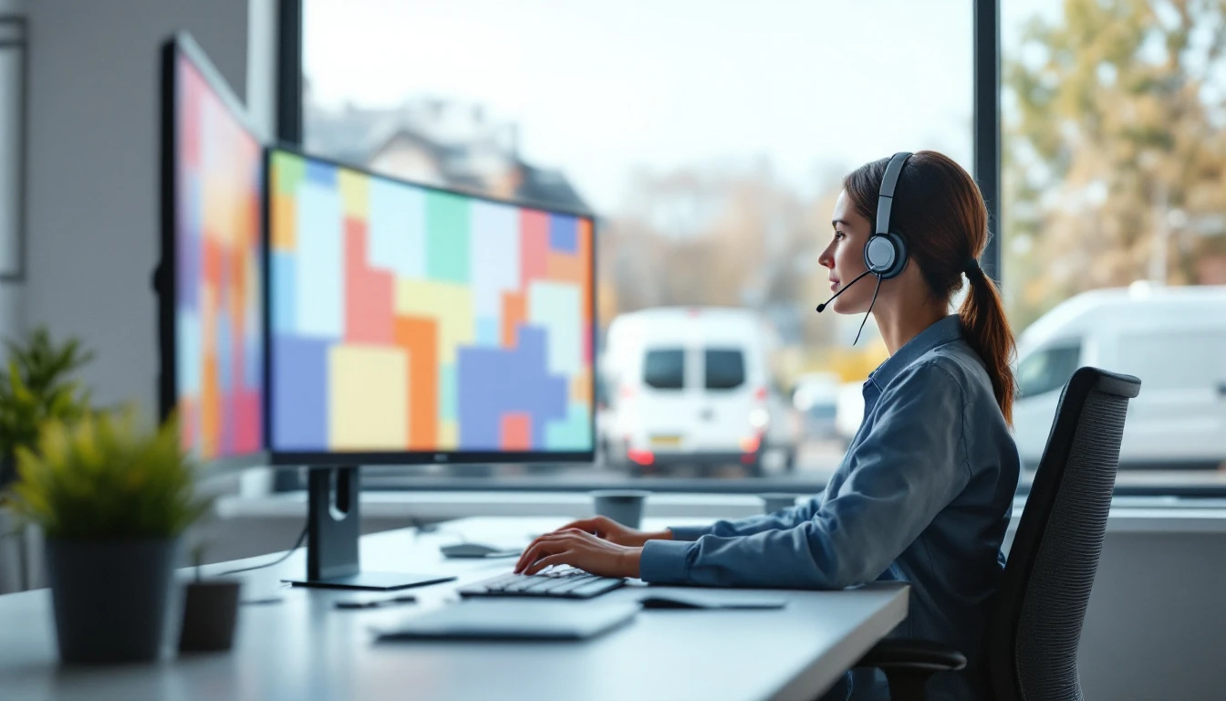 Office coordinator wearing a headset at a tidy desk with two monitors in a small service company office, a parking lot of vans visible through the window