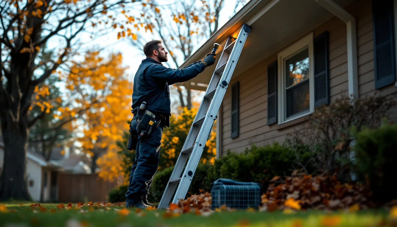 Technician inspecting a roofline and soffit gap for animal entry points from a ladder